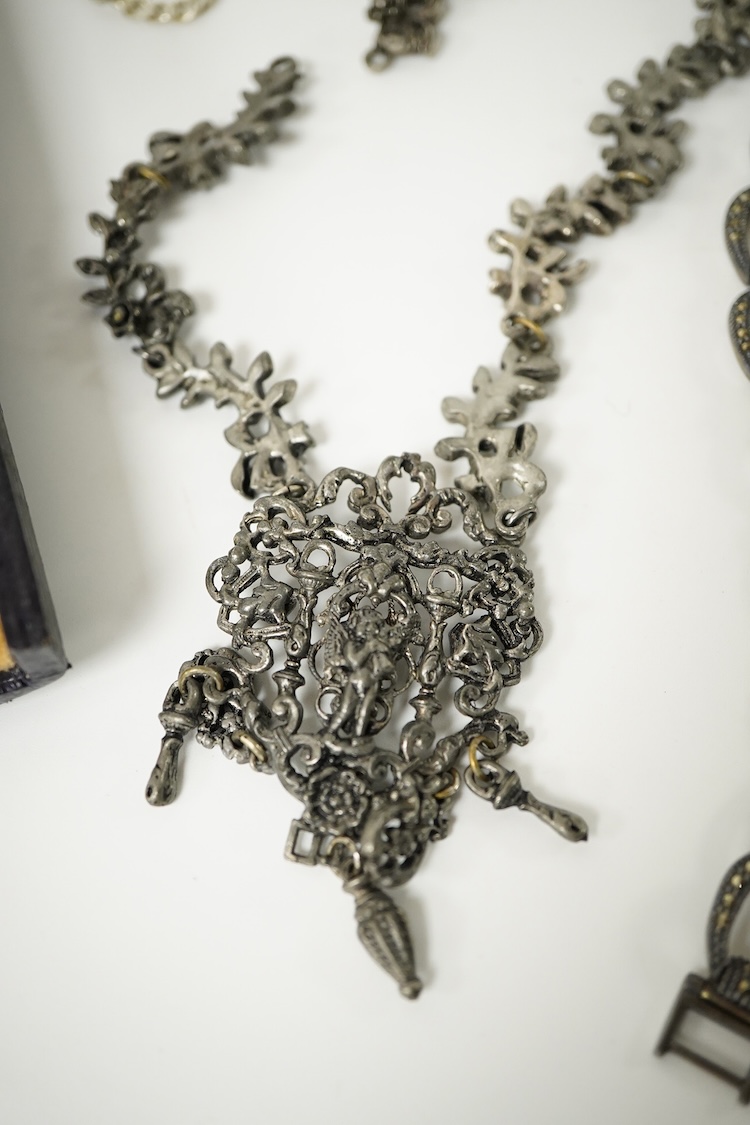 A group of mainly silver and white metal costume jewellery, including a moonstone set brooch, 53mm, a filigree gilt metal and enamel fob and marcasite set bracelet etc.